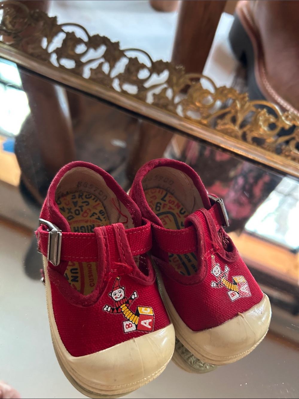 Vintage Red T‑Strap Canvas Baby Shoes with Cartoon Block Motif